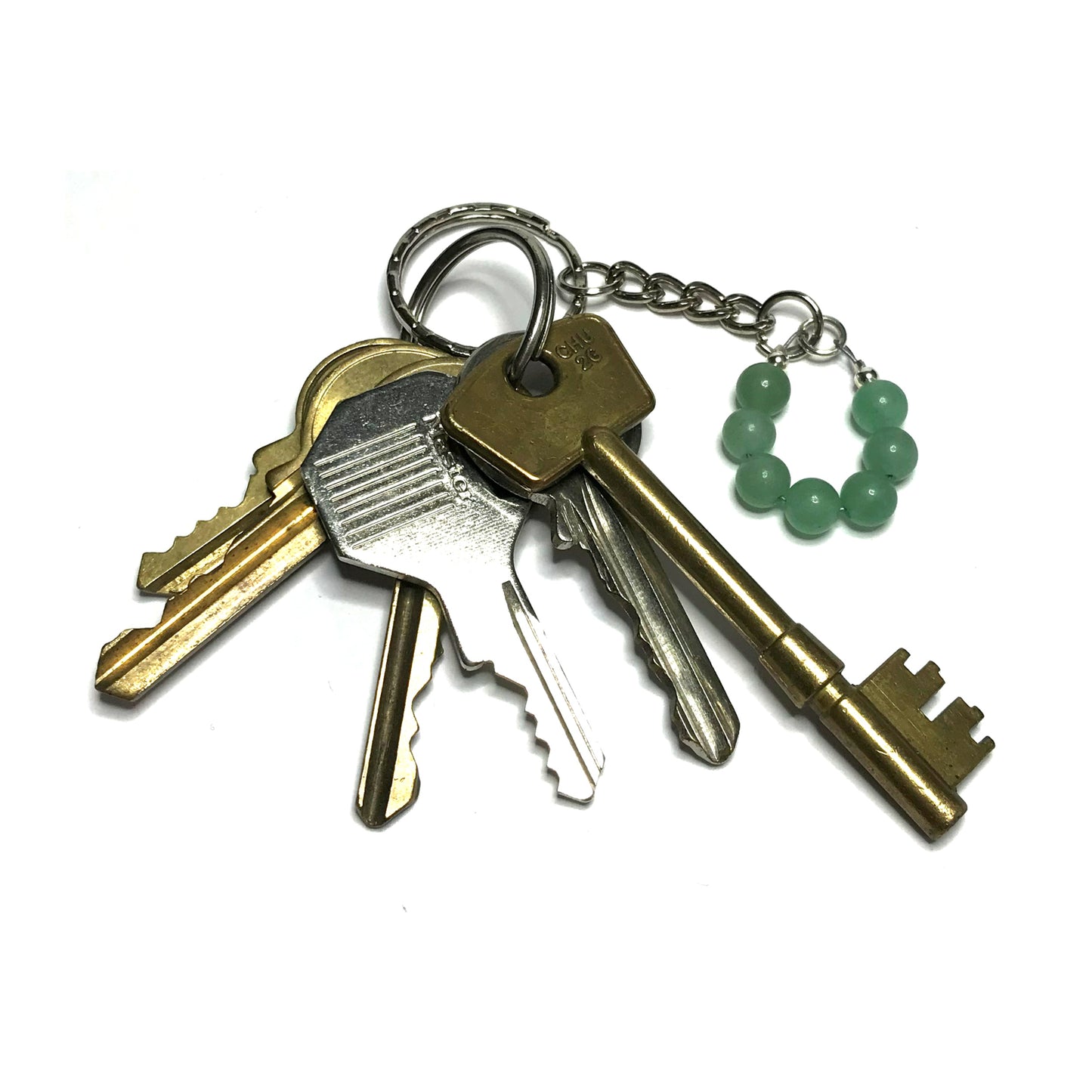 Green aventurine beaded keychain with keys