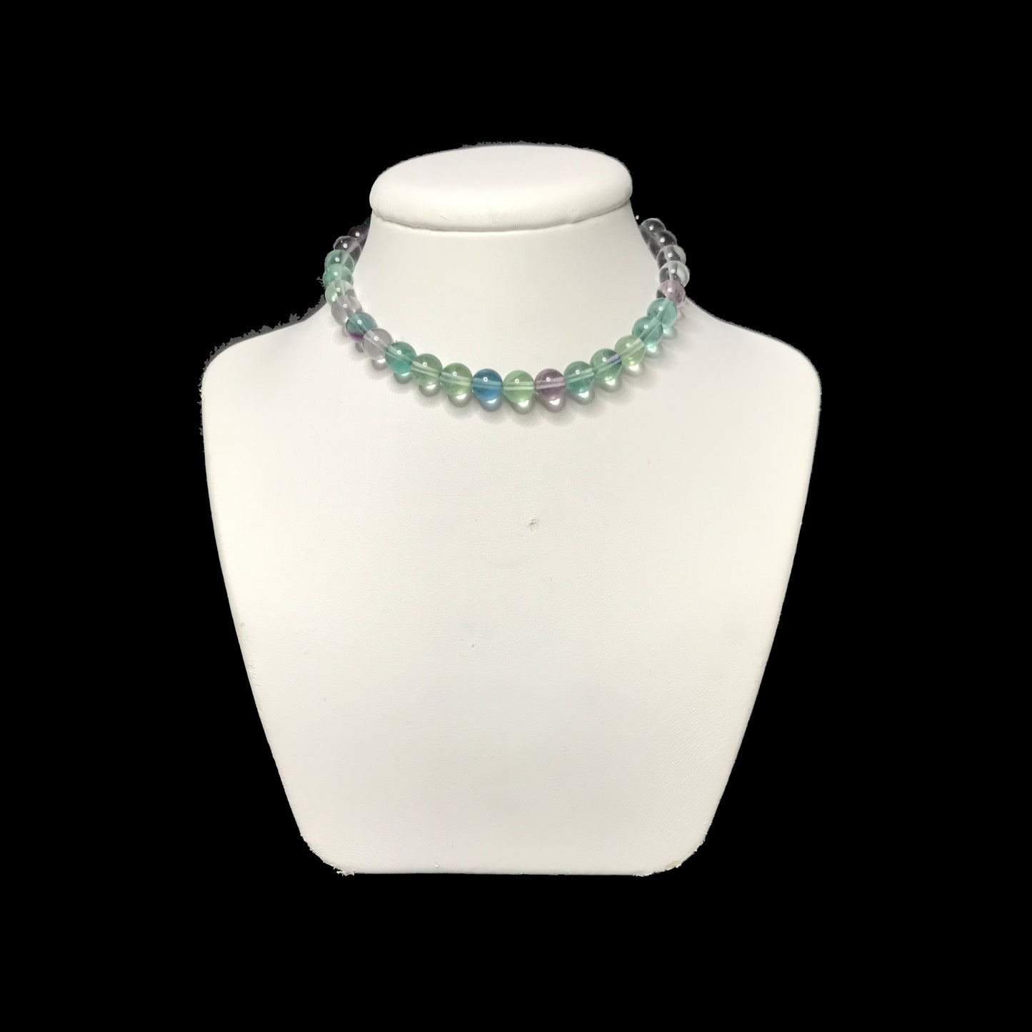 Rainbow fluorite choker necklace on stand