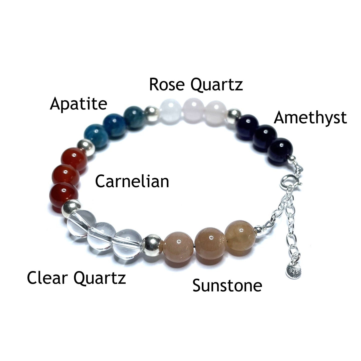 Weight loss bracelet with the beads labelled as apatite, amethyst, clear quartz, sunstone, rose quartz and carnelian