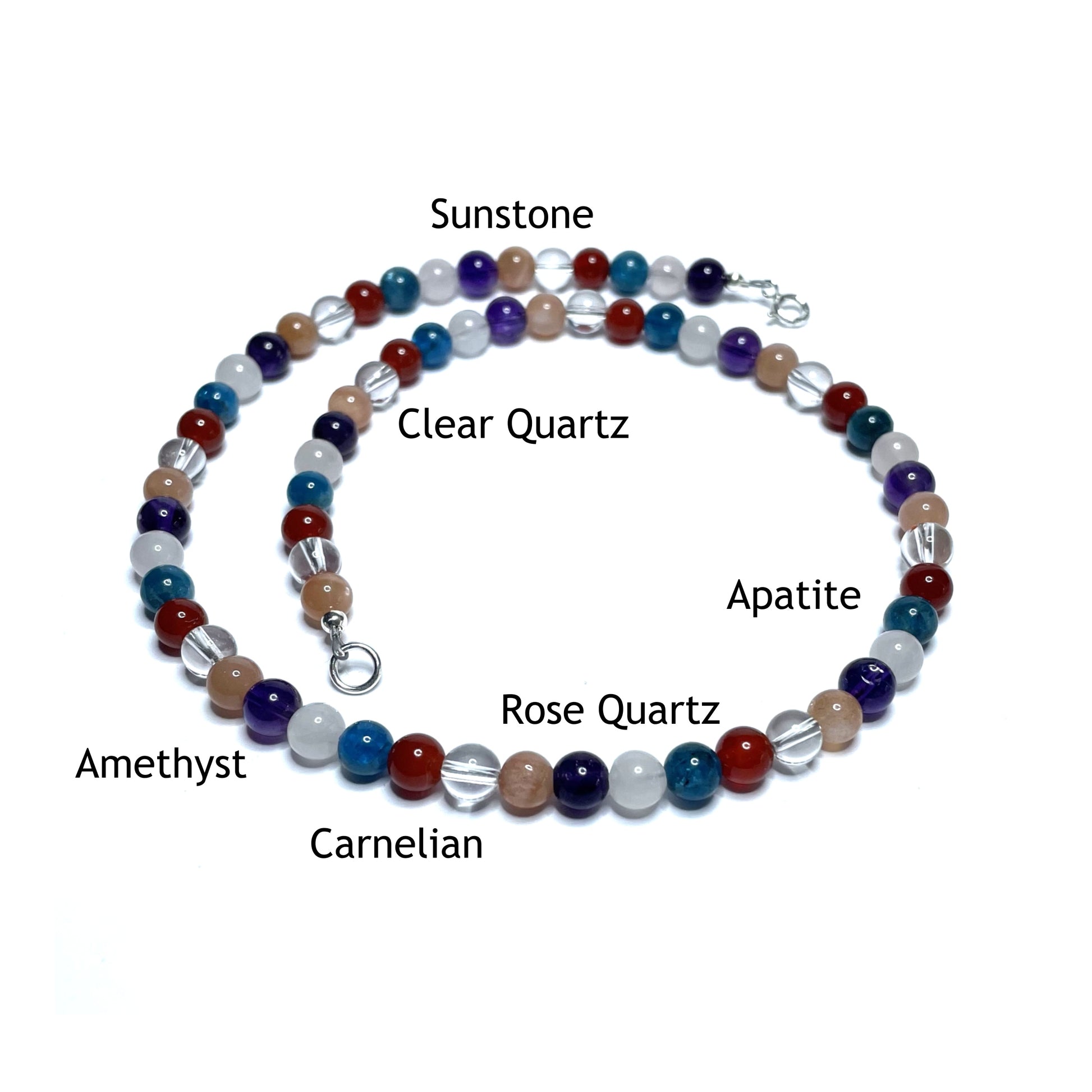 Weight loss choker with the beads labelled as apatite, amethyst, clear quartz, sunstone, rose quartz and carnelian