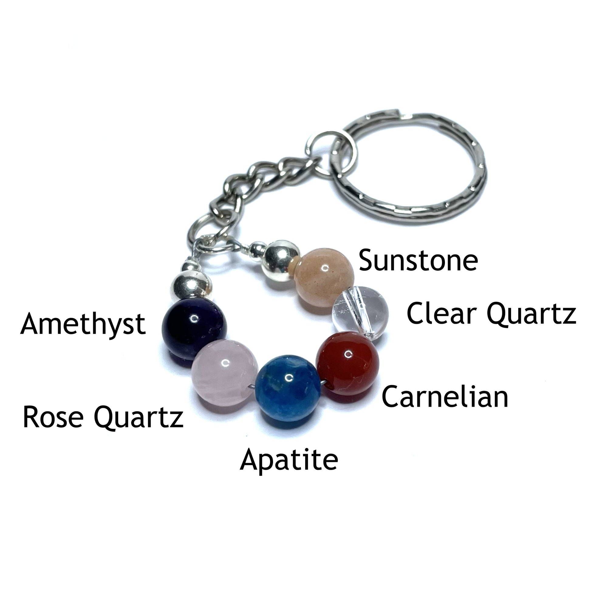 Weight loss keychain with the beads labelled as apatite, amethyst, clear quartz, sunstone, rose quartz and carnelian