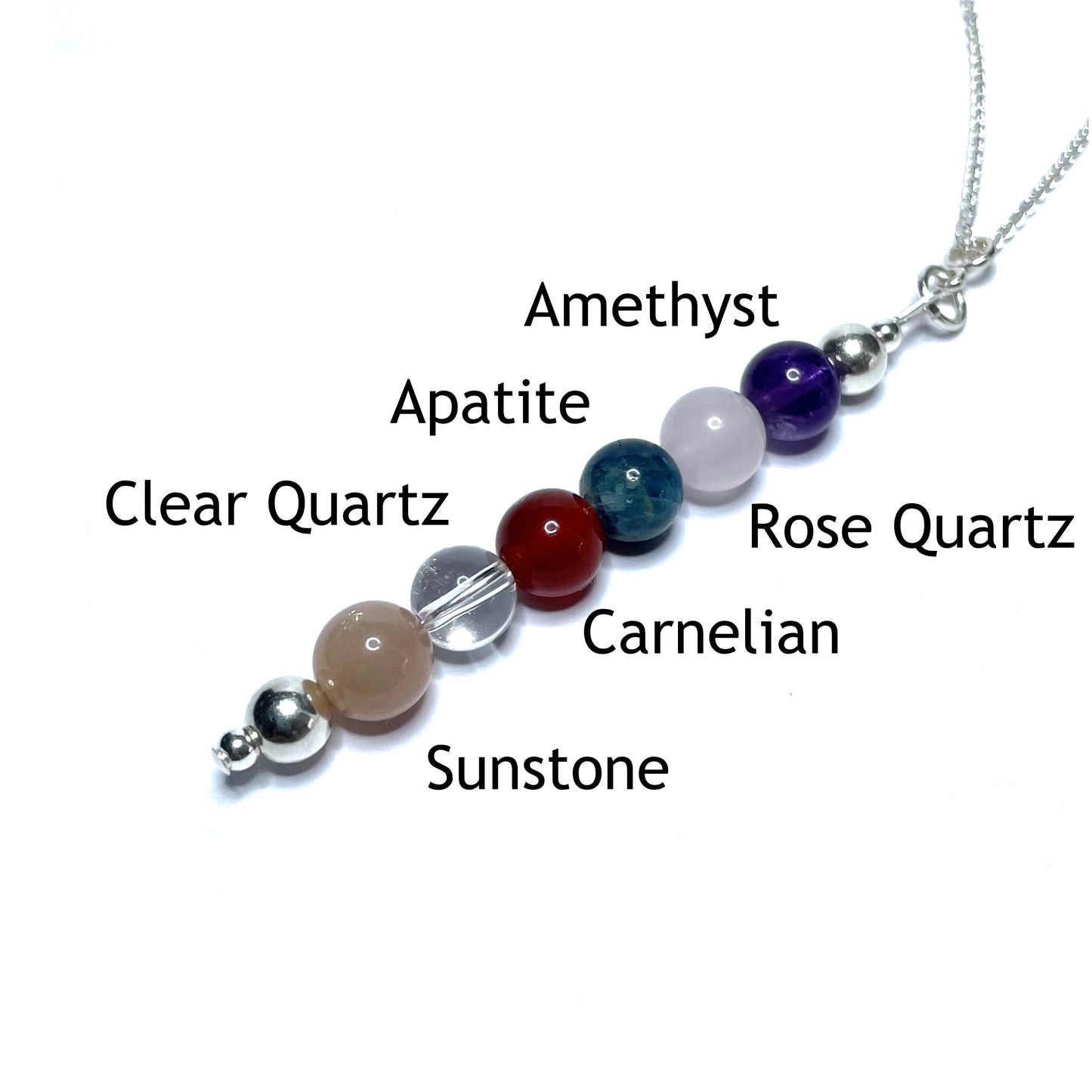 Weight loss pendant with the beads labelled as apatite, amethyst, clear quartz, sunstone, rose quartz and carnelian