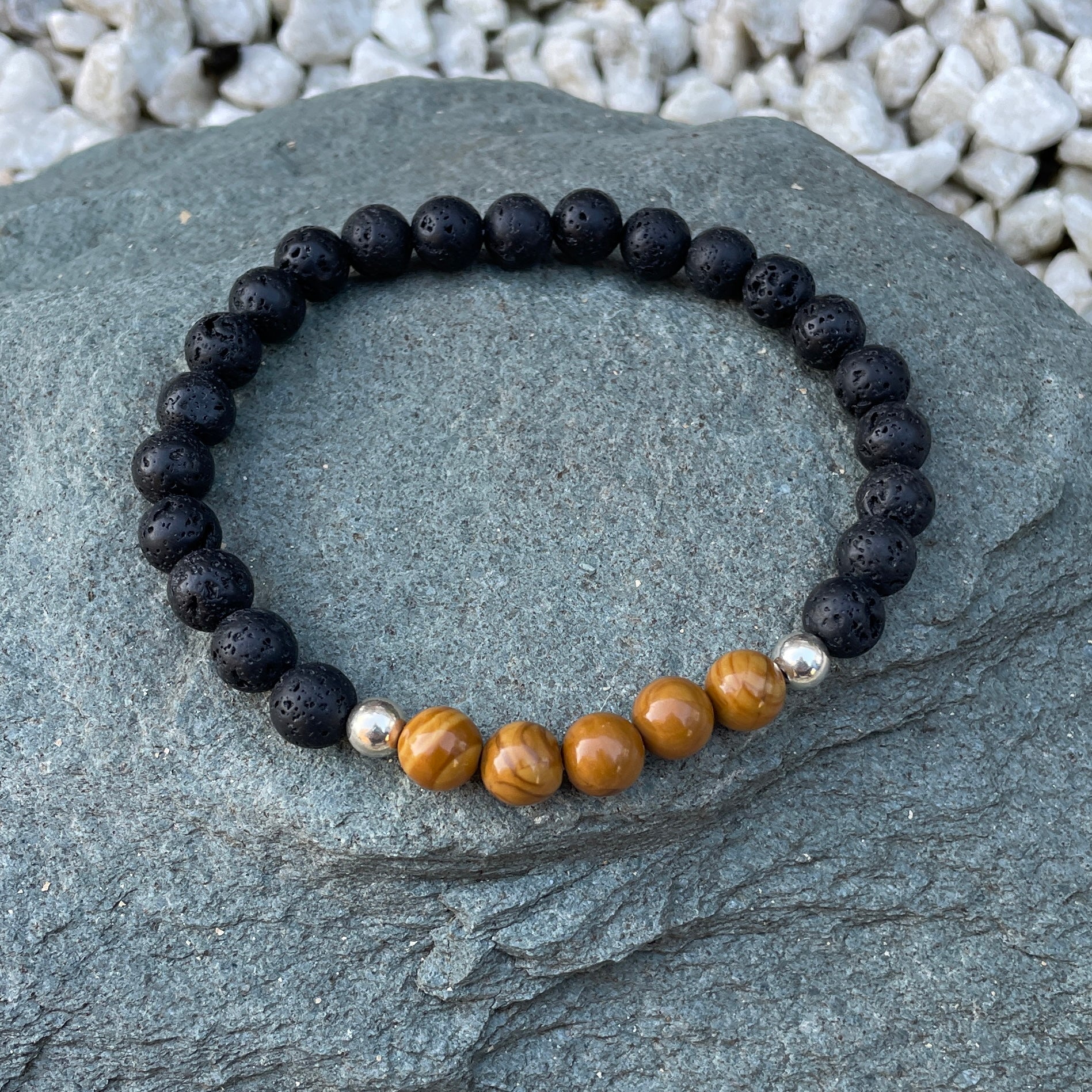 Wood grain jasper crystal bracelet with lava rock