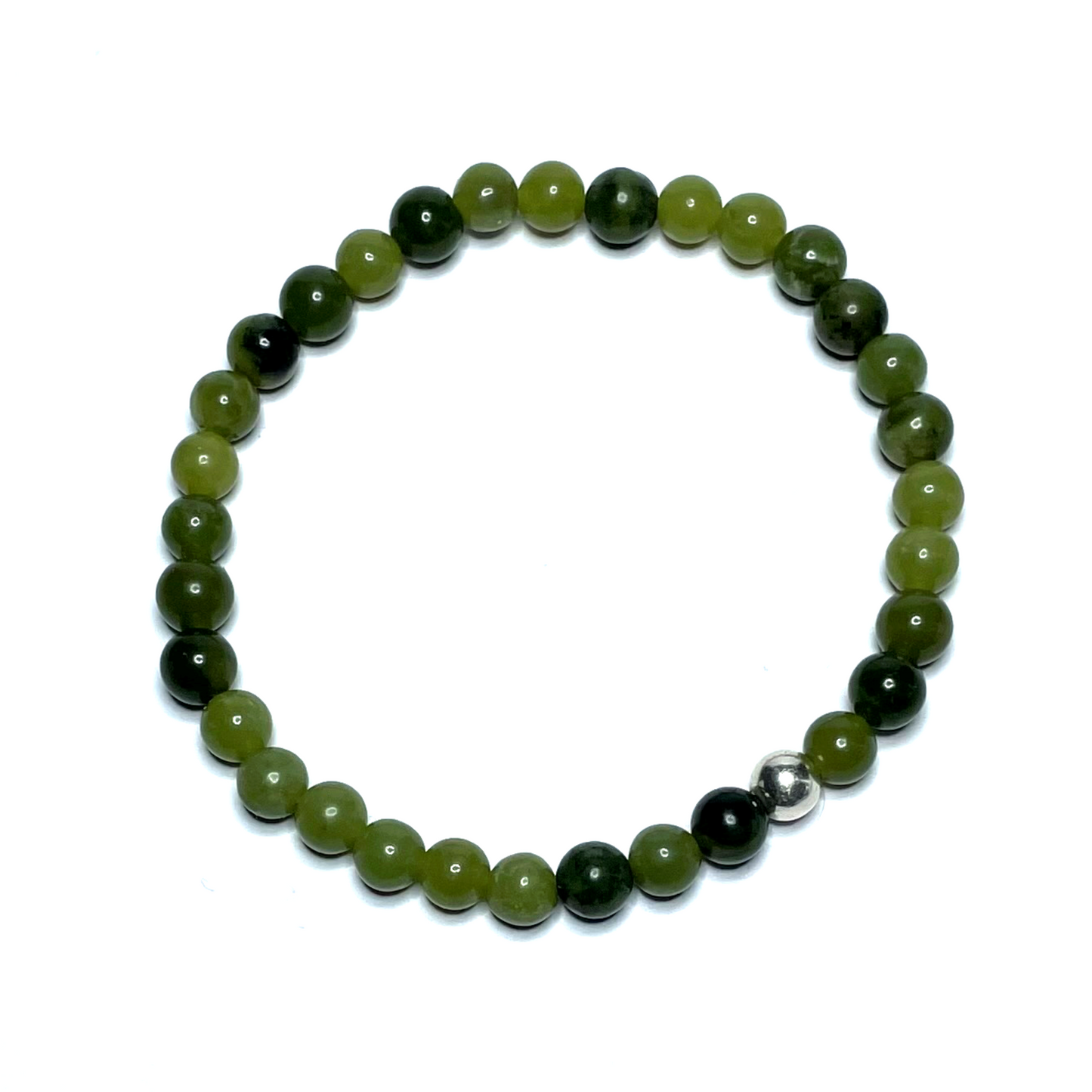 Handmade 6mm nephrite jade bracelet on white background from above