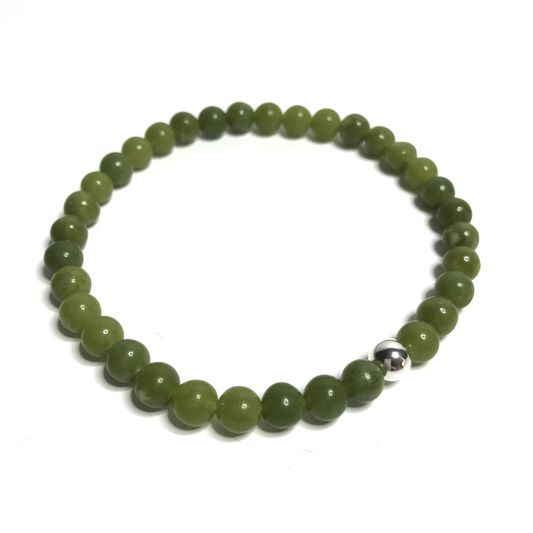 Handmade 6mm nephrite jade bracelet on white background